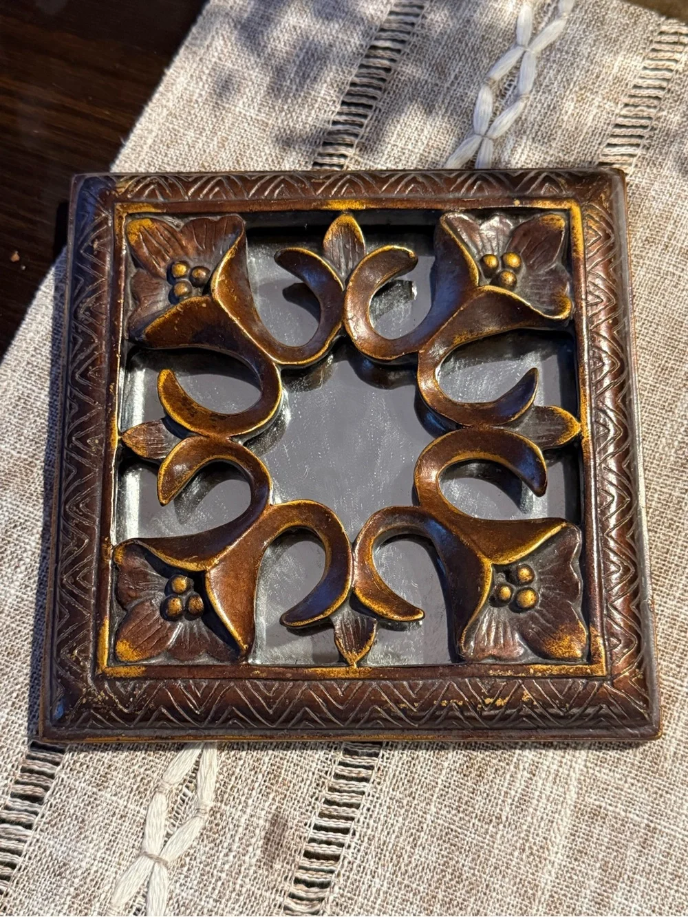 2-Bronze Color Mirrored Wall Plaques With Decorative Floral Scrollwork